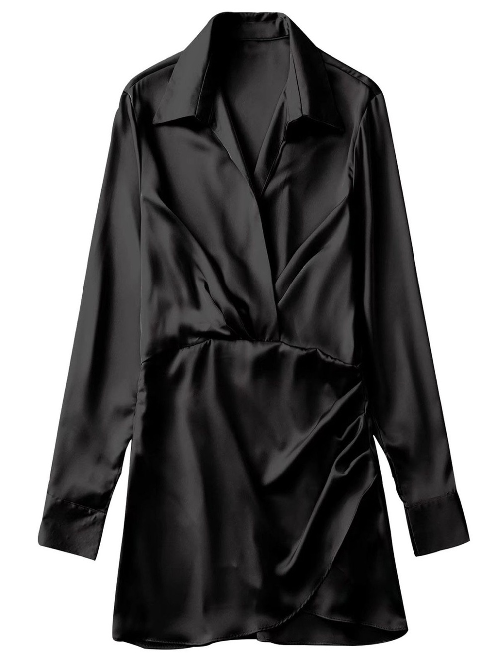 Black Satin-Feel Twist Front Mini Dress Long Sleeve Collared Size Large